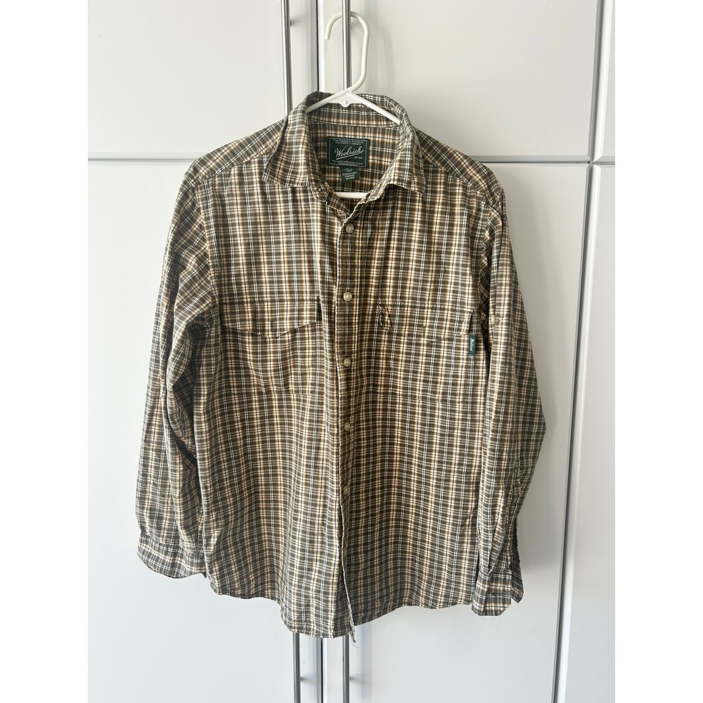 Woolrich Mens Large Brown Olive Plaid Long Sleeve Button Down‎ Roll Tab Shirt